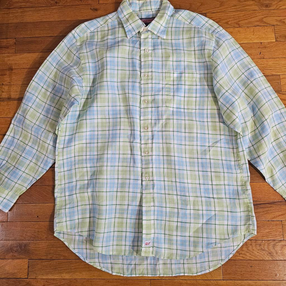Vineyard Vines Green Blue Plaid Linen Button Down Shirt Large - Picture 2 of 6